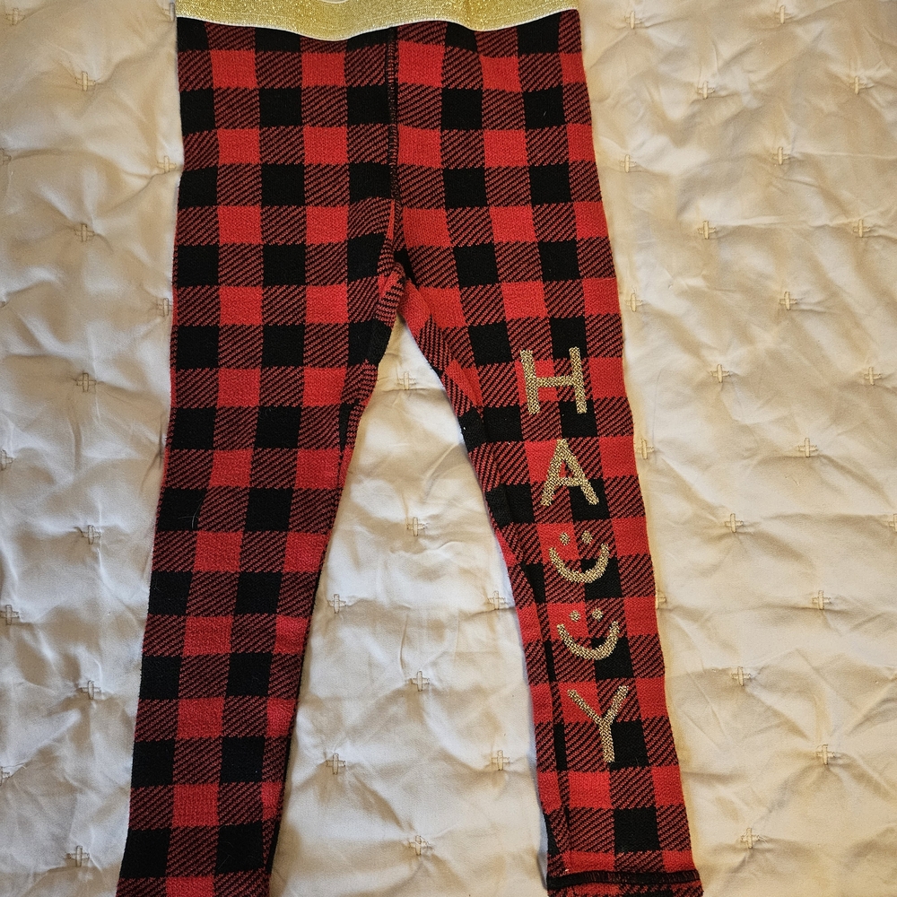 Red and Black Plaid Leggings with Gold Detail